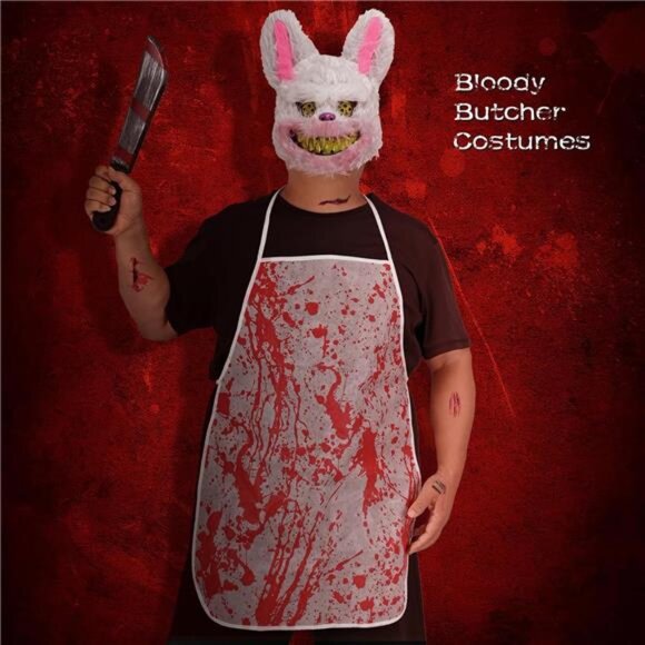Men's Halloween Butcher Costume Set Scary Bear Mask Cooking Apron Prop - Picture 4 of 6